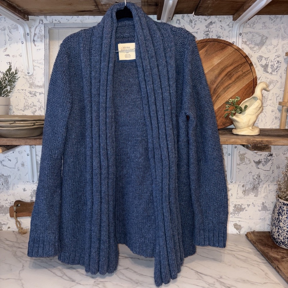 Natural Reflections Wool Blend Open Front Blue Cozy Sweater Cardigan Women's Sm